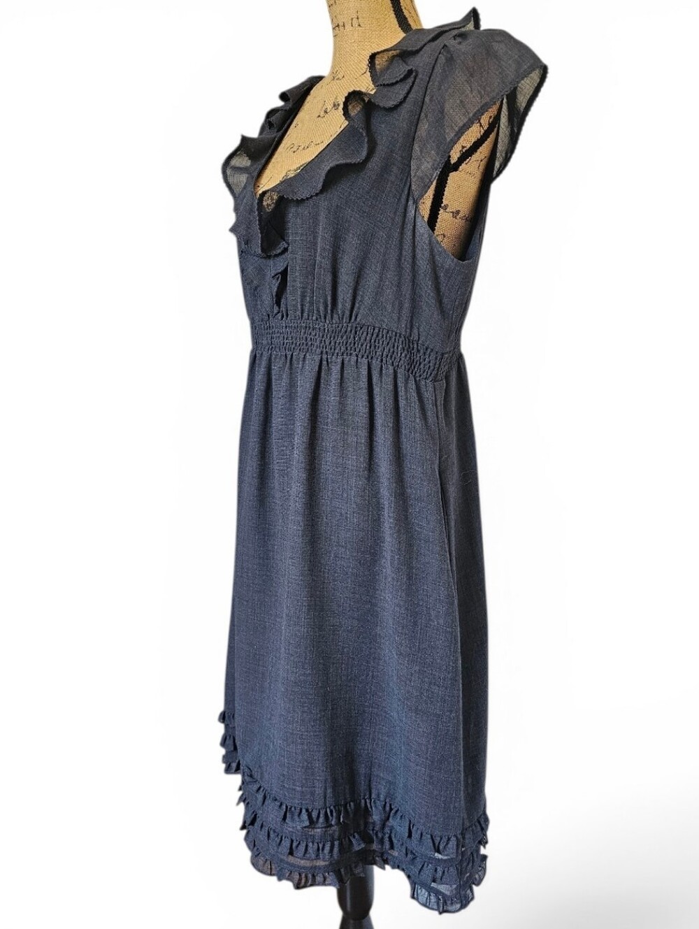 Maeve Anthropologie Chic Gray Ruffle Dress Empire Waist Flutter Sleeve, Size 14 - Picture 4 of 7